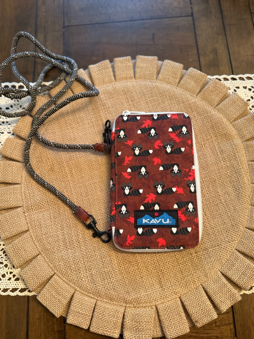 Kavu Burgundy Raccoon Pattern Crossbody Wallet